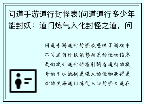 问道手游道行封怪表(问道道行多少年能封妖：道门炼气入化封怪之道，问道手游道行封怪大全)
